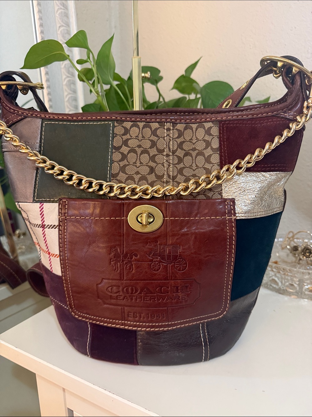 Vintage Coach large Patchwork Leather & Canvas bucket Bag